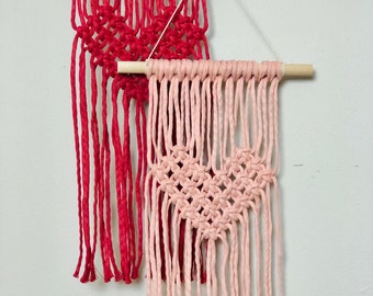 Handmade Macrame heart wall hanging, hanging heart decor, valentine wall decorations, pink 3D art, boho style nursery decor