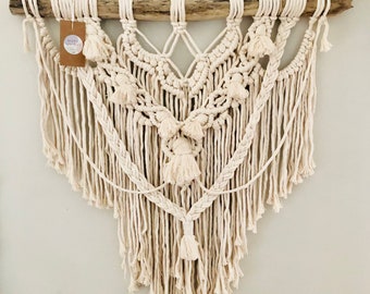 Large cotton white boho macrame tapestry, multi layered bohemian tapestry with driftwood branch