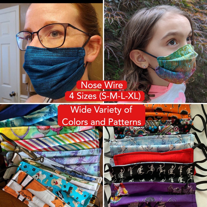 Face Mask for Glasses Nose Wire / 2 ply Cloth Cotton Double Layered / Won't Steam or Fog Glasses / Adult, Child, Kids, Extra Large Washable 