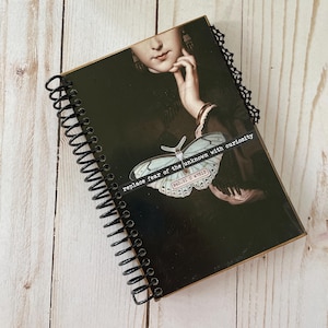 May include: A black spiral bound journal with a vintage painting of a woman on the cover. The painting features a butterfly with the text "replace fear of the unknown with curiosity" on it.