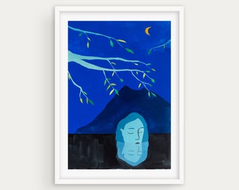New Moon, Orignal Painting in Gouache, Blue Bedroom Wall Art