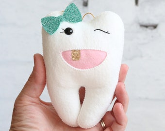 Plush stuffed tooth pillow, Felt tooth pillow, Pocket tooth, Silly tooth pillow, Custom tooth fairy pillow, Girls tooth pillow