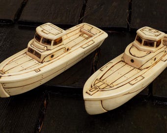 SEAHAWK and HARBOR /Handmade toy boat pair/Wood burned pair