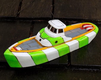 RESCUE/Hand made wood toy boat/ green and white