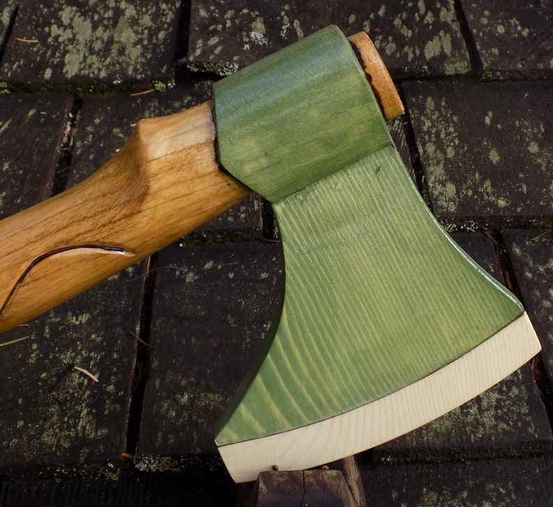 CHIEFTAIN/Hand made wood toy/Battle ax/ Green with silver band image 3