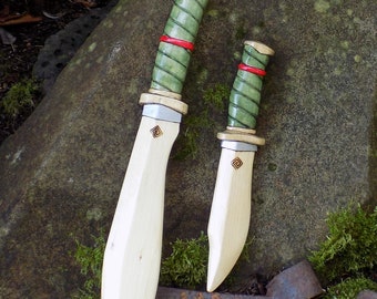 PALACE GUARD/Hand made wood toy set/green wrap with red bands/Kukri blade