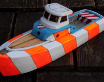 SURF RESCUE/ Hand made wood toy boat/ Orange and white stripe