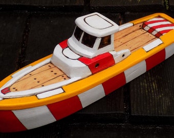 SURF RESCUE/ Hand made wood toy boat/ red, white and yellow