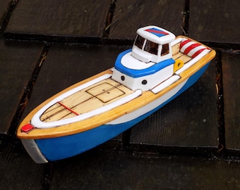RACER / hand made wood toy boat/blue and white