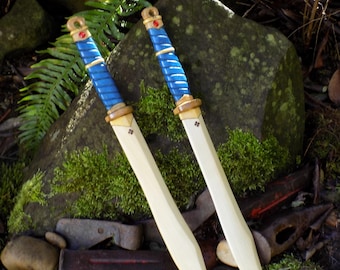 LIONHEART/Handmade wood toy short sword/Persian blade / blue wrap, red jewel, gold band