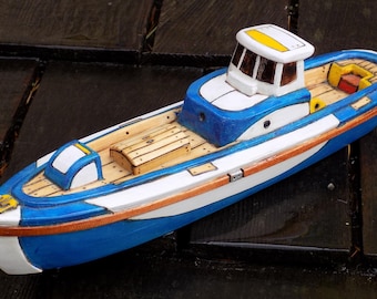SMUGGLER/ handmade wood toy boat/blue and white