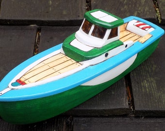 ROAMER/ barco de juguete de madera hecho a mano/azul y verde