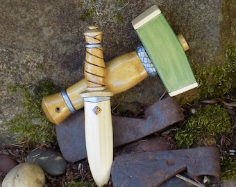 THOR'S HAMMER + DAGGER/Hand made wood toy set/silver bands