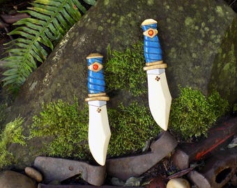 SINDBAD/Hand made wood toy dagger set/ blue wrap with red stones