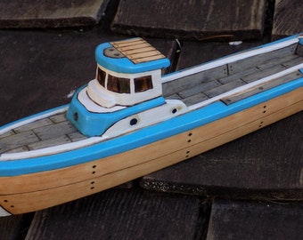 BOSUN/ Hand made wood toy boat/ Blue and white