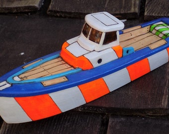 SURF RESCUE/ Hand made wood toy boat/ Orange and white