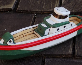 JACK/Hand made wood toy boat/ Green and red