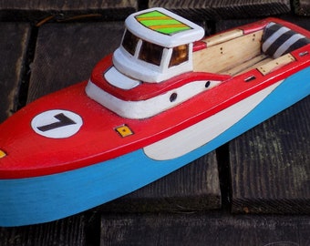 CORSAIR/ Hand made wood toy boat/Red and blue/ no.7