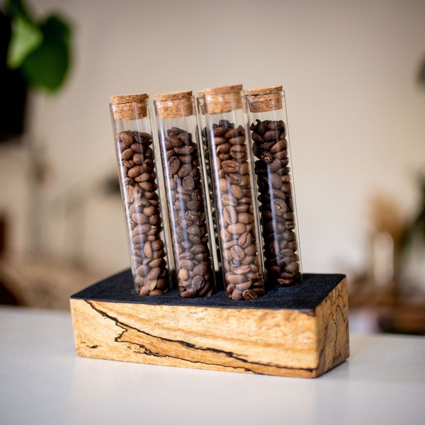 Coffee Dosing Block | 7 Tubes - 1 Week Prep | Boutique Coffee INCLUDED | Exotic wood | 20g Coffee Beans Storage Tubes | Shou Sugi Ban