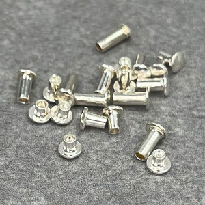 May include: A pile of silver metal rivets, some with a hollow center and some with a flat top. The rivets are scattered on a gray surface.
