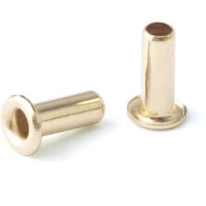 May include: Two gold-colored metal eyelets with a flared base and a cylindrical shaft.