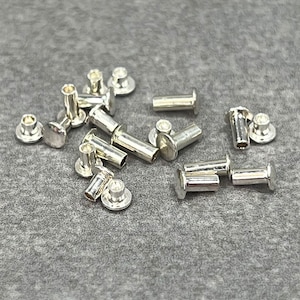 May include: A close-up of a group of silver metal rivets. The rivets are scattered on a gray surface.