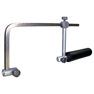 May include: A silver metal coping saw with a black handle. The saw has a curved frame and a blade held in place by a tensioning mechanism. The handle is cylindrical and made of black rubber.