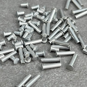 May include: A large pile of silver metal rivets, scattered on a gray surface. The rivets are cylindrical with a flat head on one end and a small hole on the other end.