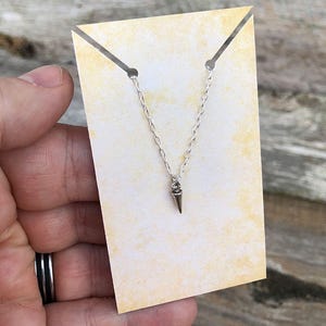 Pode incluir: Um colar de tom prateado com uma corrente delicada e um pequeno pendente em forma de cone pontiagudo. O colar &eacute; exibido num cart&atilde;o retangular amarelo-claro com textura manchada, que possui duas pequenas ranhuras no topo para a corrente.