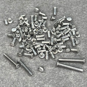 May include: A large quantity of silver metal rivets and hollow rivets. The rivets are scattered on a gray surface.