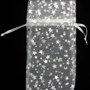 May include: White sheer organza gift bag with a drawstring closure. The bag is decorated with a silver glitter star pattern.