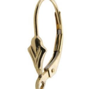 May include: Gold-tone earring hook with a lever back closure. The hook is shaped like a teardrop with a decorative design.