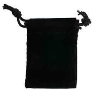 May include: A small black velvet drawstring bag. The bag is made of soft, plush velvet and has a drawstring closure.