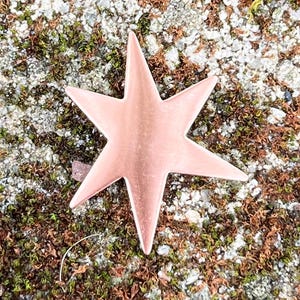 May include: A large, six-pointed star made of copper with a rose gold finish. The star is lying on a bed of moss.