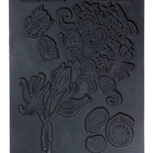 May include: Black rubber stamp with a design of various fossilized sea creatures, including trilobites, ammonites, and coral. The stamp is labeled "Fossillicious" and "Christi Friesen".