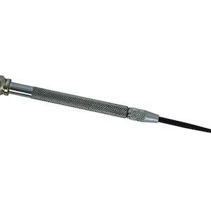 May include: A silver metal tool with a knurled handle and a pointed tip. The tool is used for making small holes or for marking.