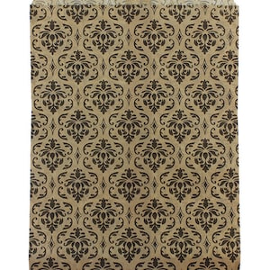 May include: A brown paper bag with a black damask pattern. The bag is flat and has a square shape.