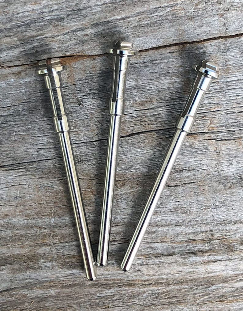 Pu&ograve; includere: Tre mandrini in metallo argentato per uno strumento rotativo. I mandrini sono lunghi circa 7,6 cm e hanno una forma cilindrica.