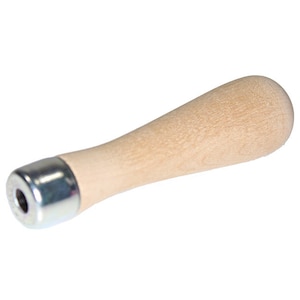 May include: A wooden handle with a metal end for a sanding tool. The handle is light brown and the metal end is silver.