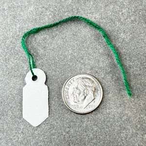 May include: A small, white, rectangular paper tag with a pointed bottom edge and a circular hole at the top, attached to a thin green string. The tag is positioned next to a silver-colored United States dime coin for a clear size comparison.