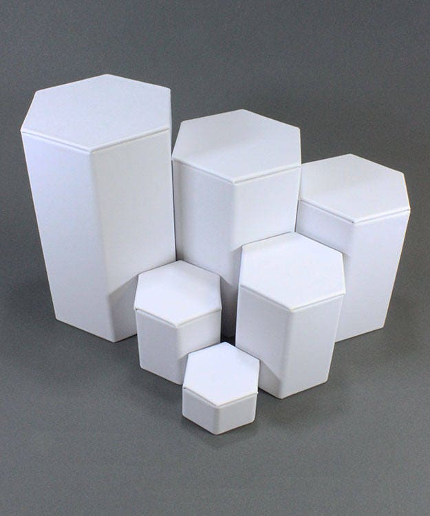 White Leatherette Hexagonal Riser Set of 6pcs from 1-1/4" to 6-1/4" high  (DIS6513)