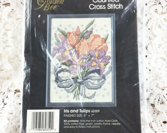 Golden Bee IRIS AND TULIPS With Blue Frame From 1987-5x7 Inch 14 Count Cross Stitch Kit