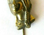RARE Antique Vintage Native American Indian Figural Head Headress Brass Metal Hat Stick Lapel Pin