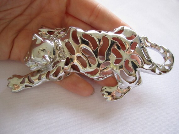 Vintage Huge Silvertone Tiger Brooch Pin - image 3