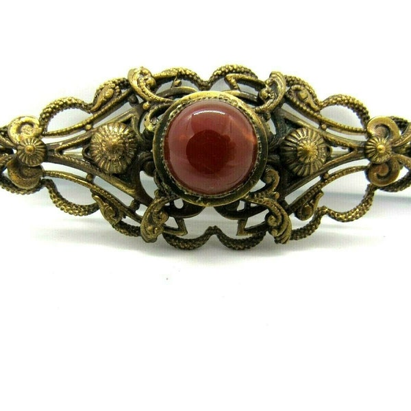 Antique Victorian Etruscan Revival Cannetille Carnelian Stone Center Pin Brooch