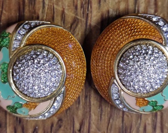 VTG Signed Guy Laroche Designer Rhinestone Enamel + Cloissone Clip Dome Earrings