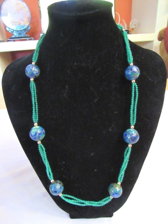 Green Onyx,14kt Gold Beads,Blue+Green Chinese Clo… - image 1