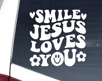 Smile Jesus Loves You Car Decal, Groovy Retro Christian Sticker