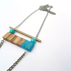 Exotic wood rectangular necklace (Zebrano) hand painted - Chain stainless steel and antique brass - Wooden jewelry- gold and turquoise