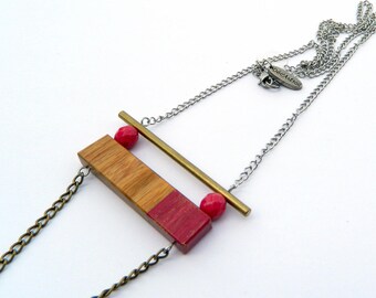 Exotic wood rectangular necklace (Arariba) hand painted - Chain stainless steel and antique brass - fuchsia and gold
